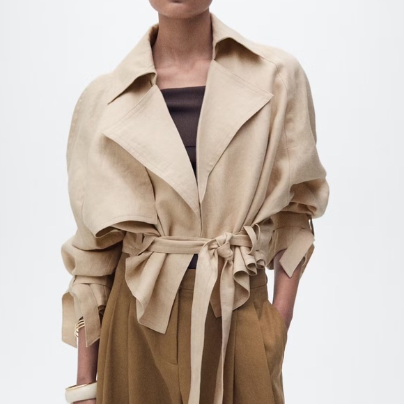 Mango x Victoria Beckham Jackets & Blazers - MANGO x VICTORIA BECKHAM 100% Linen Beige Tie-Waist Cropped Trench Jacket M
